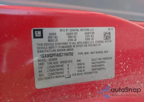 2012 Chevrolet Express G2500 Ls z USA, uszkodzony, nr VIN 1GAWGPFA6C1194782